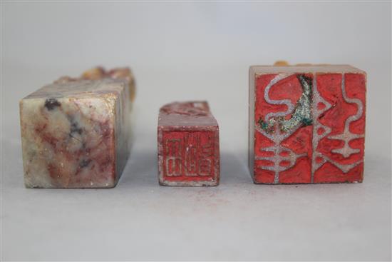 Three Chinese soapstone seals, 6.5 - 12.5cm